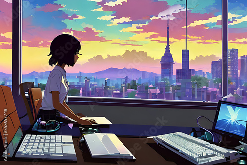 Ilustración anime estilo lo-fi de chica estudiantil mirando por la ventana al atardecer en la ciudad, inspiración melancólica - AI Generated Art photo