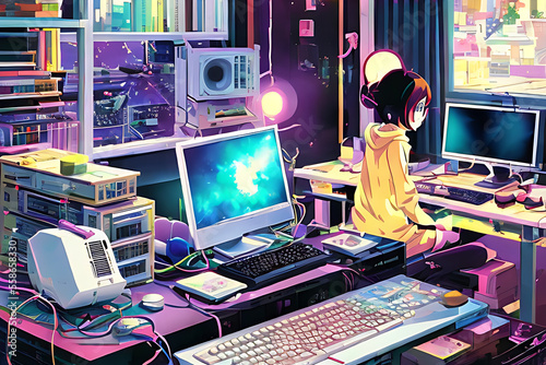 Ilustración anime estilo lo-fi de chica en un estudio frente al ordenador en proceso creativo, inspiración melancólica - AI Generated Art