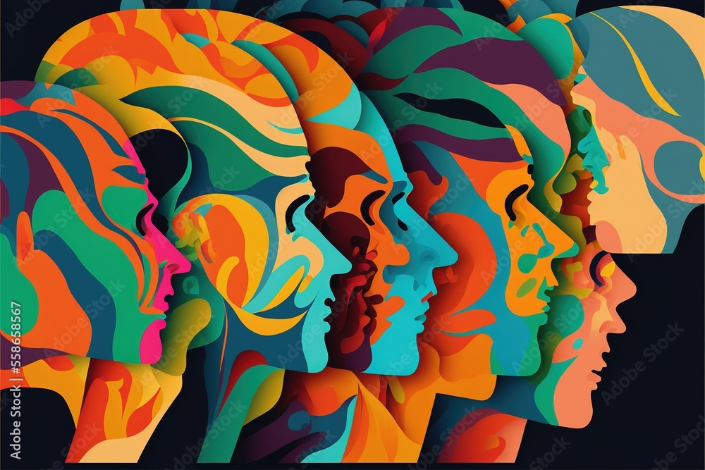 Abstract colorful overlapping head profiles pattern, ai generated