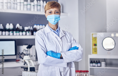 Covid  portrait or senior scientist in a laboratory working on biotechnology for medical healthcare innovation. Coronavirus  black woman or doctor in face mask or gloves helping with science research