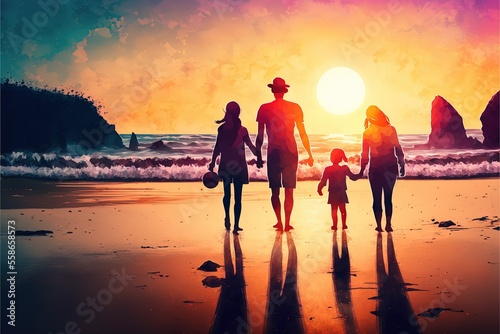 happy family with two kids walk at sunset beach, ai generated