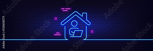 Neon light glow effect. Work at home line icon. Outsource job sign. Remote office employee symbol. 3d line neon glow icon. Brick wall banner. Work home outline. Vector