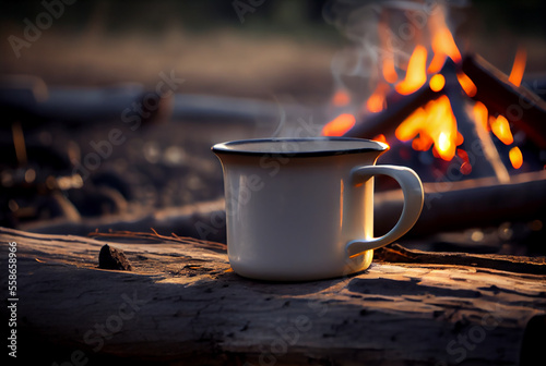 White enamel cup of hot steaming coffee on an old log by an outdoor campfire. Selective focus on mug with blurred background. image created with Generative AI technology.