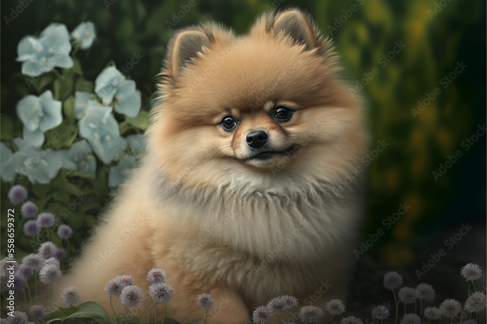 Pomeranian dog, a small dog breed from Europe. Generative AI.