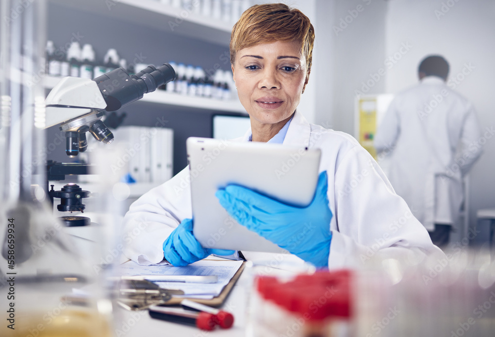 Science, tablet and woman in laboratory, research and healthcare with digital analysis. Female researcher, scientist and expert for medical diagnosis, cure and innovation for online data and focus.