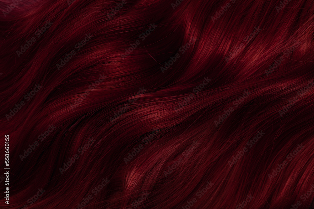 Dark red hair close-up as a background. Women's long brown hair. Beautifully styled wavy shiny curls. Coloring hair with bright shades. Hairdressing procedures, extension. Dark red hair close-up as a background. Women's long brown hair. Beautifully styled wavy shiny curls. Coloring hair with bright shades. Hairdressing procedures, extension.