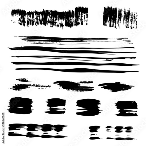 Textured abstract thin long and different shape brushstrokes black isolated on white background