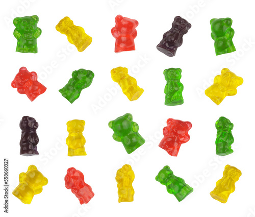 Collection of gummy bears candies isolated on white as texture or pattern