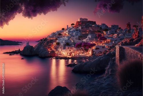 Sunset over the resort islands, neon light, city on the mountains. AI