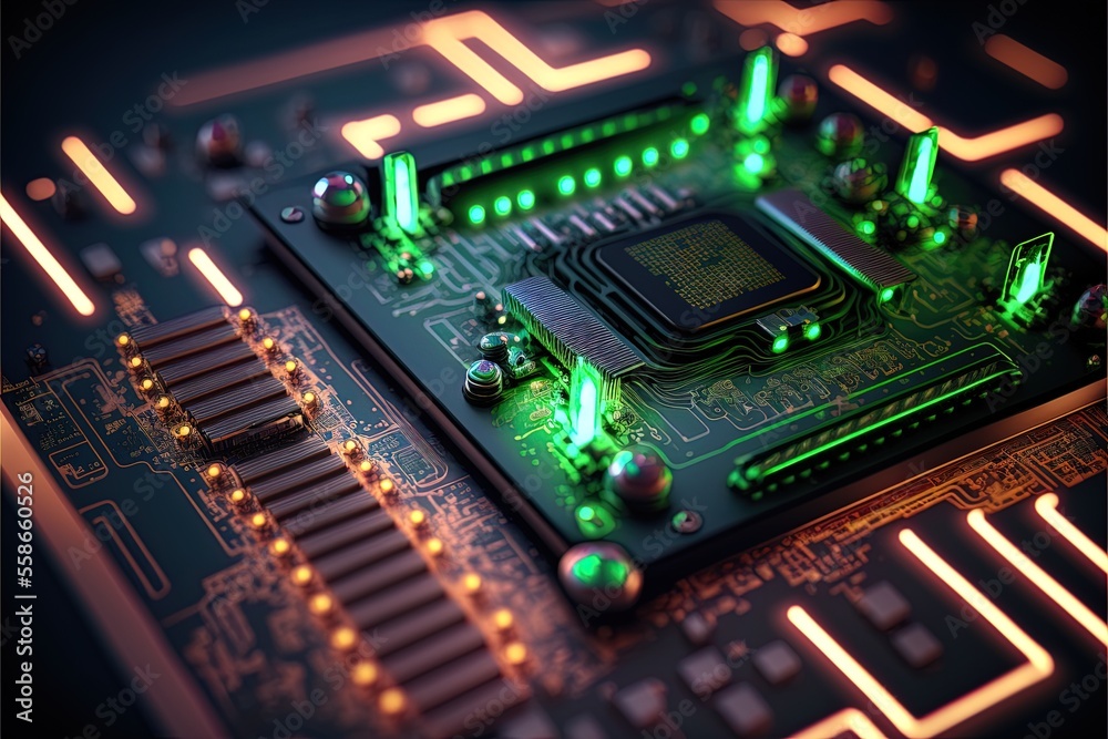 Neon illumination of a computer processor, abstract neon background, technology, engineering. AI