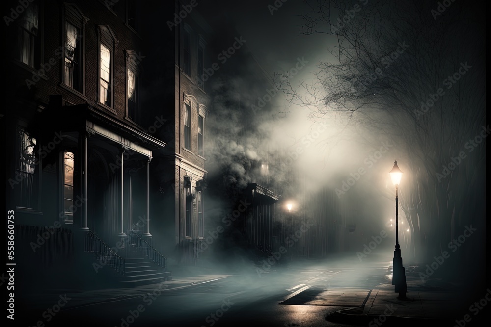 Dark gloomy empty street with smoke, smog, fog. AI