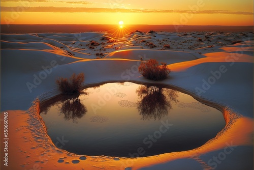 Swimming pool in the desert, beautiful sunset, reflection in the water. AI © MiaStendal