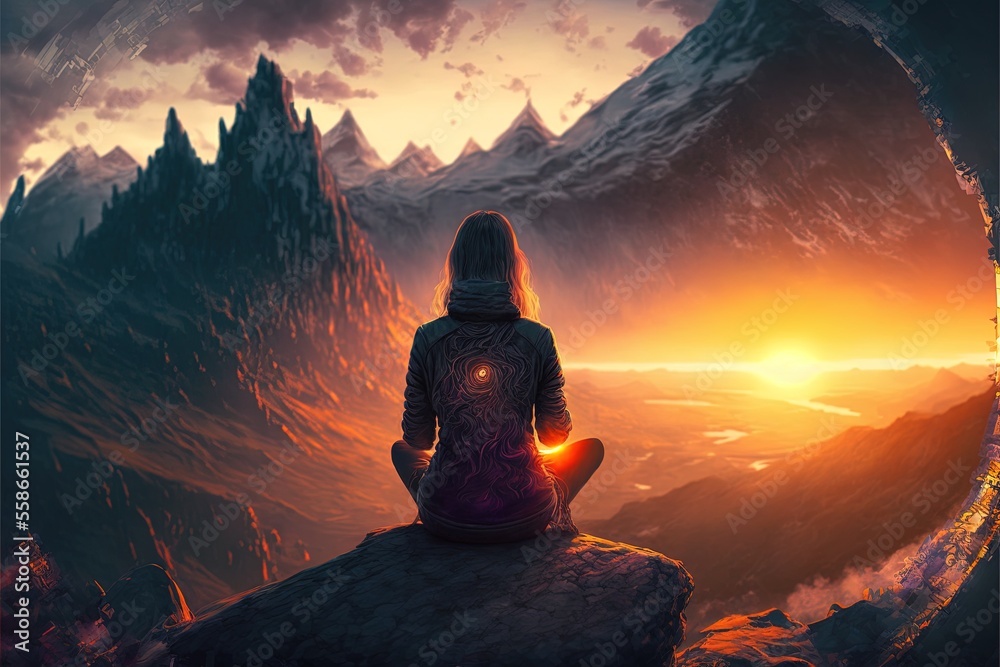 Silhouette of a girl in the mountains, doing yoga in nature high up, beautiful sunset, fantasy landscape. AI