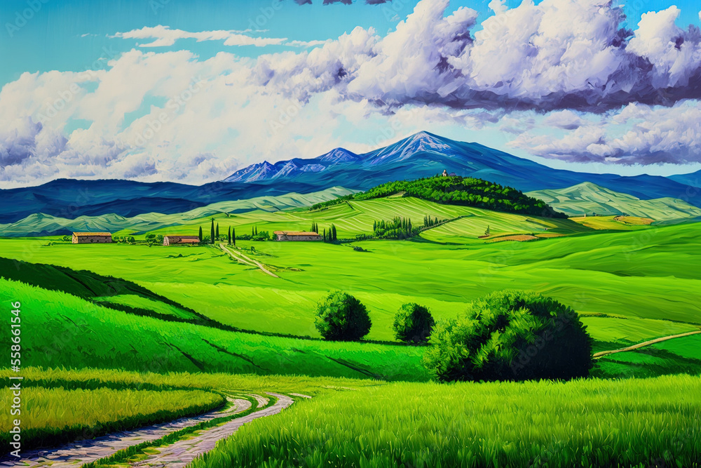 Fototapeta premium Landscape oil painting art. rural mountainous area a vibrantly green rural field of grass. It's summertime. Generative AI