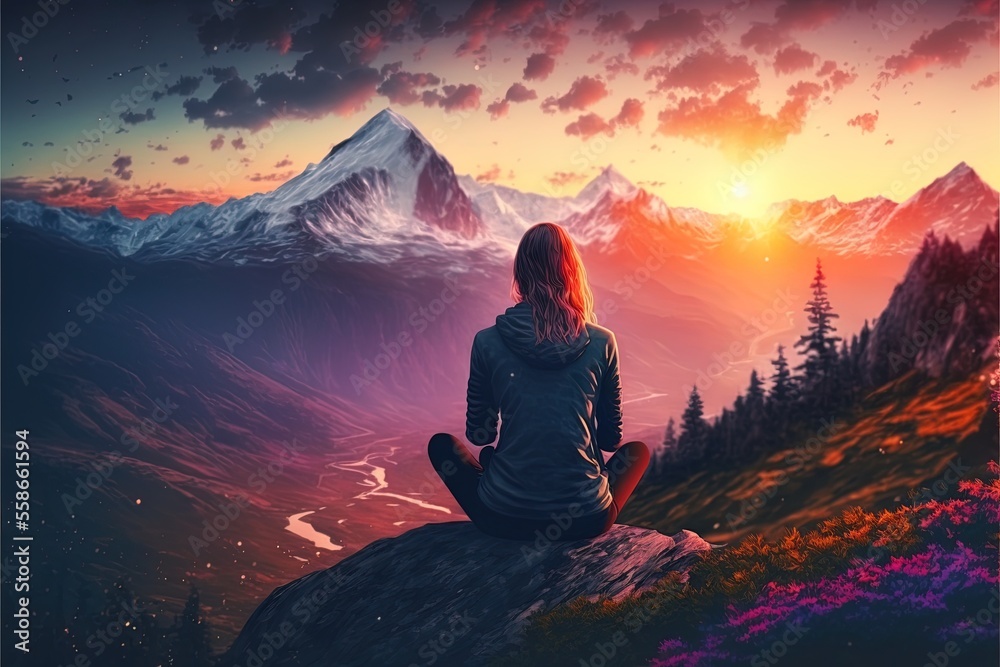 Silhouette of a girl in the mountains, doing yoga in nature high up, beautiful sunset, fantasy landscape. AI