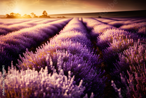 Lavender landscape with beautiful sunset. AI
