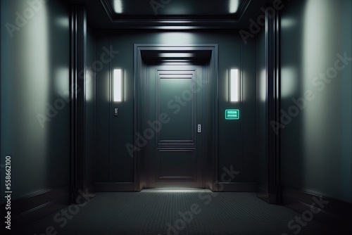 Dark corridor with metal elevator doors  neon lighting. AI