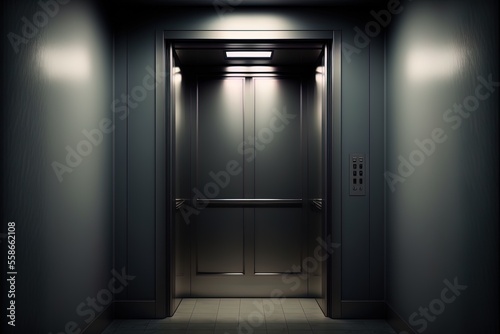 Dark corridor with metal elevator doors, neon lighting. AI