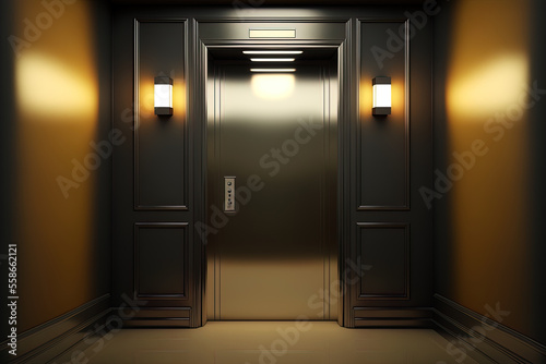 Dark corridor with metal elevator doors, neon lighting. AI