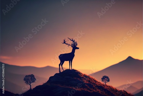 a silhouette of a deer standing on a hill at sunset with mountains in the background and a single tree on the hill with no leaves on the top of the hill  with the sun.