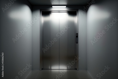 Dark corridor with metal elevator doors, neon lighting. AI © MiaStendal