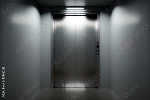 Dark corridor with metal elevator doors, neon lighting. AI