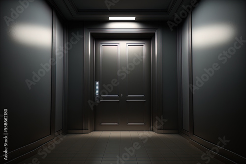 Dark corridor with metal elevator doors  neon lighting. AI