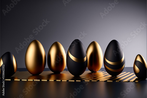 Easter eggs black and gold color. Stylish Easter eggs poster with golden elements on a black background. Minimalistic design. 3d illustration. Generative AI