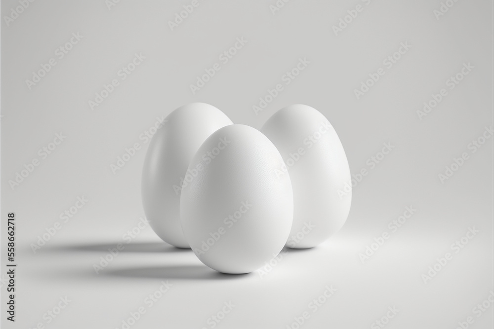 Perfect white eggs on white background, minimalism, flat design, solid color concept, easter, easter eggs. Generative AI Perfect white eggs on white background, minimalism, flat design, solid color concept, easter, easter eggs. Generative AI