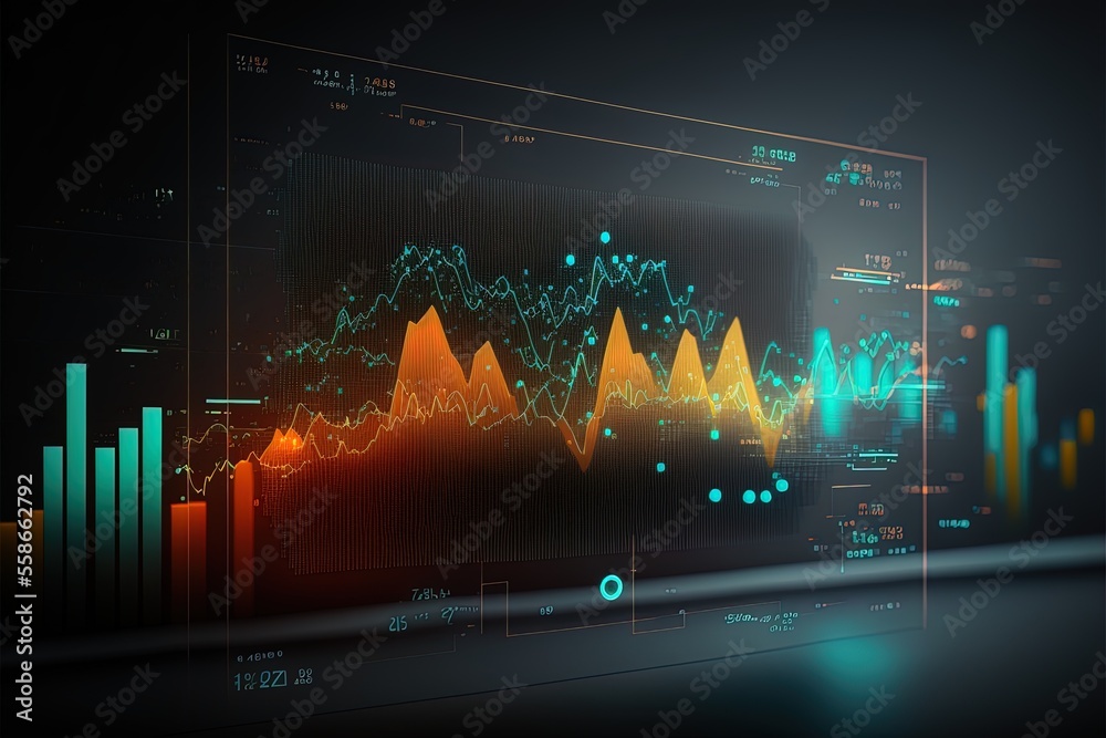 Business economic charts with light effects, neon. Abstract neon background, growth and fall analytics. AI - obrazy, fototapety, plakaty 