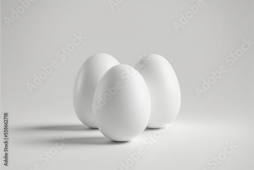 Perfect white eggs on white background, minimalism, flat design, solid color concept, easter, easter eggs. Generative AI