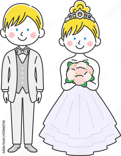結婚式の、白人の新郎新婦のイラスト