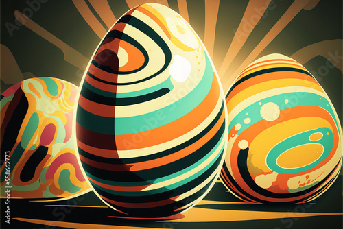 Illustration of colored easter eggs in vintage style, hand drawn happy easter card. Generative AI