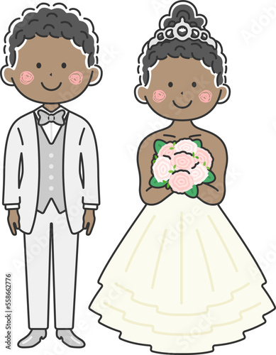 結婚式の、黒人の新郎新婦のイラスト