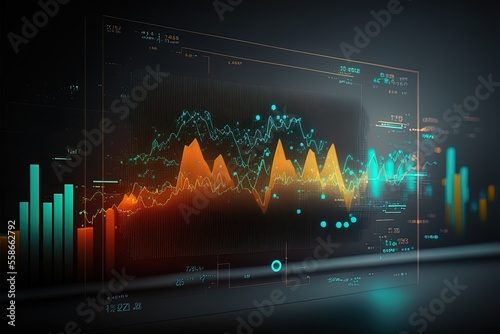 Business economic charts with light effects, neon. Abstract neon background, growth and fall analytics. AI