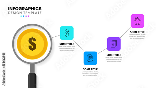 Infographic template. Magnifier with coin and 4 steps