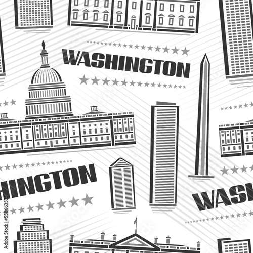 Vector Washington Seamless Pattern, square repeat background with illustration of famous washington city scape on white background for wrapping paper, line art urban poster with dark text washington