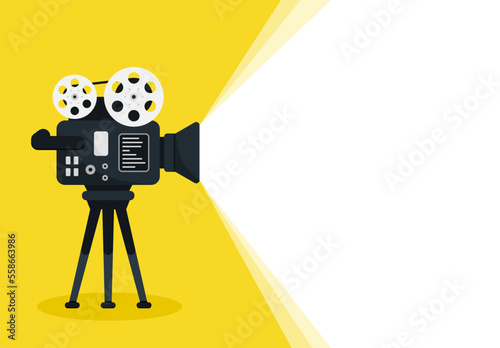 Movie time flat concept background. Cinema poster design. Movie time concept layout with film projector and text area. Cinema poster, leaflet or banner template with retro projector with film reels