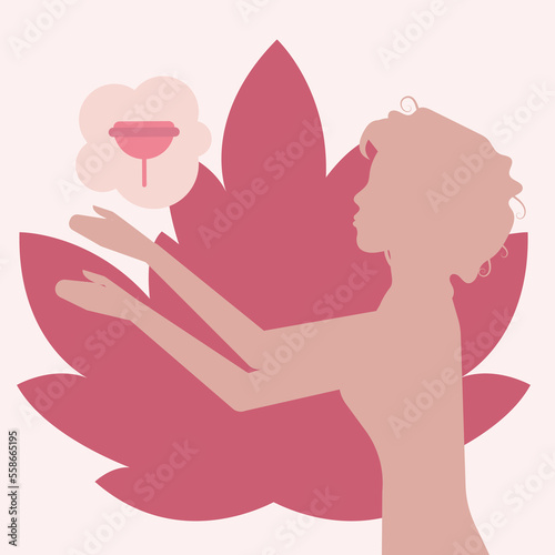 The silhouette of a woman and a menstrual cup on the background of a red flower. Symbolic minimalistic illustration of feminine hygiene, the female body