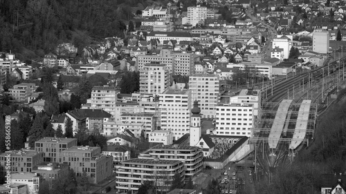 View of Feldkirch from Stadtschrofen viewpoint in black and white