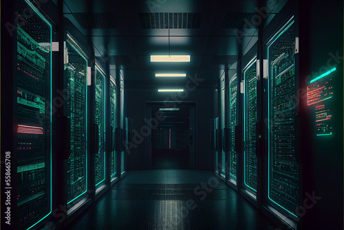Computer in the data center. Cloud computing service on a large server farm. Cyber ​​security at night, neon lights. Generative AI