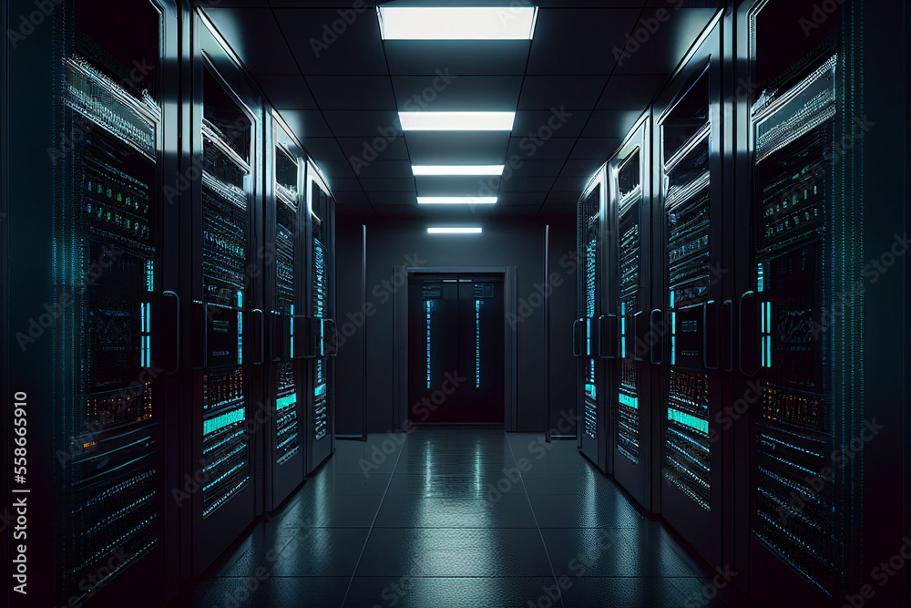 Computer in the data center. Cloud computing service on a large server farm. Cyber ​​security at night, neon illumination, cyber space, data storage, new technologies. Generative AI