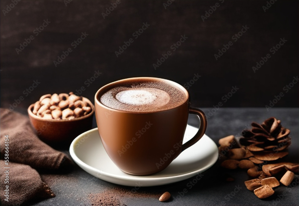 cup of hot chocolate coffee with cocoa, sugar powder and winter spices on cozy wooden background cup of hot chocolate coffee with cocoa, sugar powder and winter spices on cozy wooden background