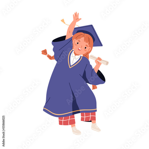 School kid in graduation gown. Happy child student graduating with diploma. L...