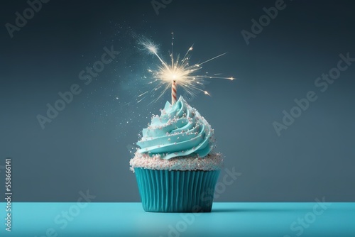 Celebration Cupcake With Sparkler On Blue Background Isolated On Center Generative AI