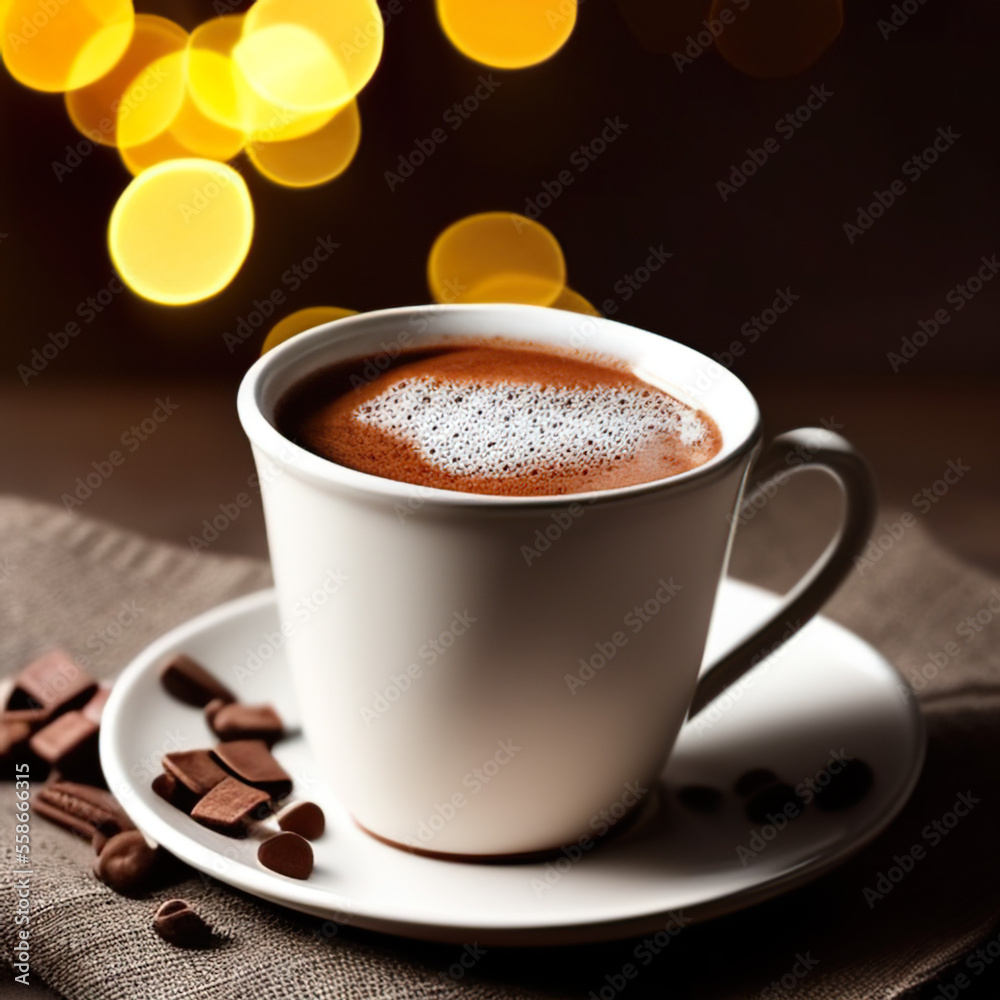 cup of hot chocolate coffee with cocoa, sugar powder and winter spices on cozy wooden background