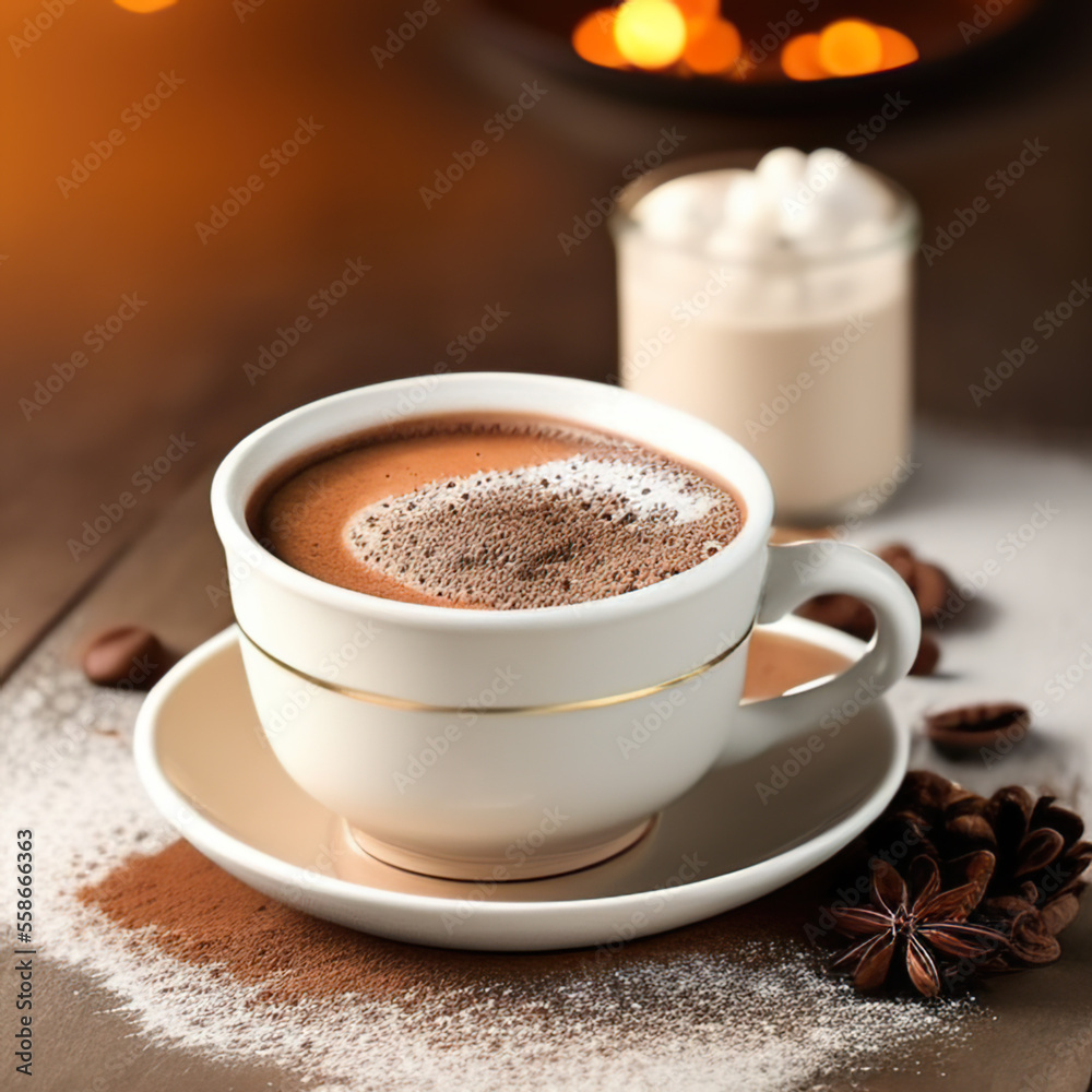 cup of hot chocolate coffee with cocoa, sugar powder and winter spices on cozy wooden background cup of hot chocolate coffee with cocoa, sugar powder and winter spices on cozy wooden background