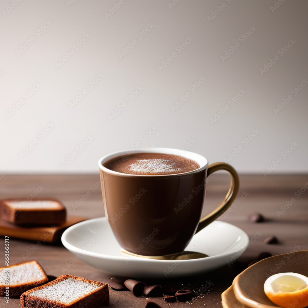 cup of hot chocolate coffee with cocoa, sugar powder and winter spices on cozy wooden background cup of hot chocolate coffee with cocoa, sugar powder and winter spices on cozy wooden background