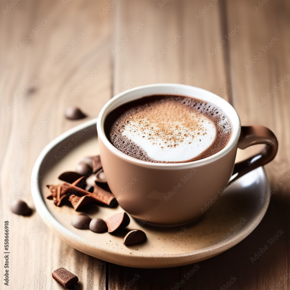 cup of hot chocolate coffee with cocoa, sugar powder and winter spices on cozy wooden background cup of hot chocolate coffee with cocoa, sugar powder and winter spices on cozy wooden background