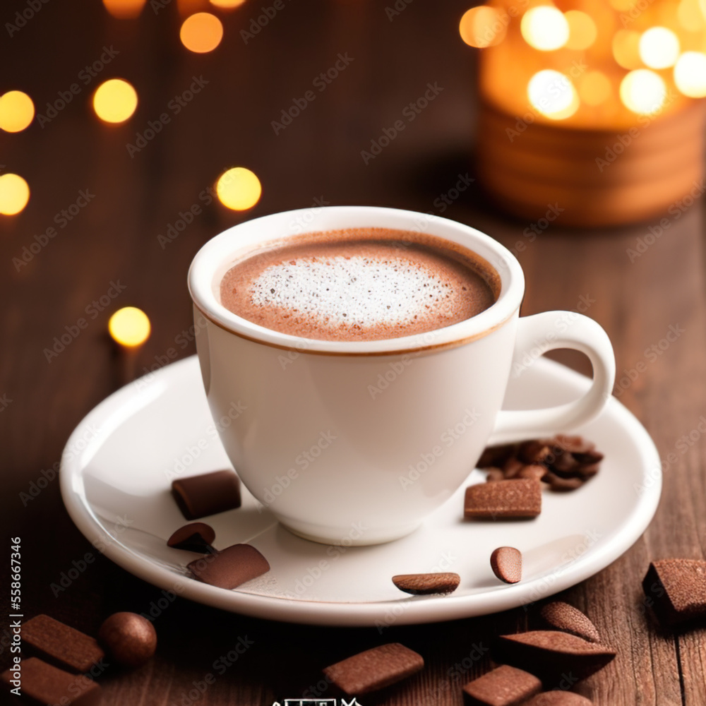 cup of hot chocolate coffee with cocoa, sugar powder and winter spices on cozy wooden background cup of hot chocolate coffee with cocoa, sugar powder and winter spices on cozy wooden background